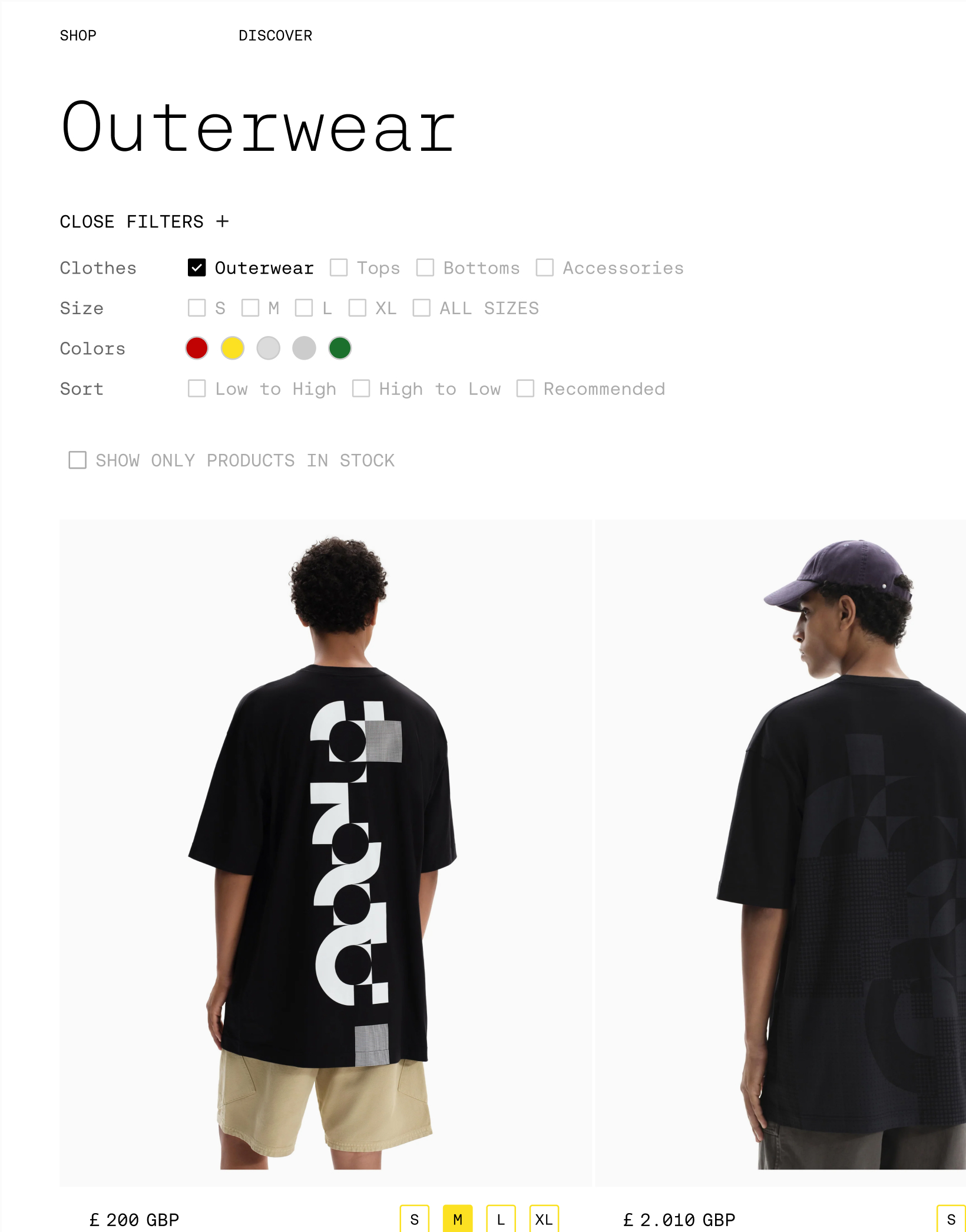 Outerwear listing with filters