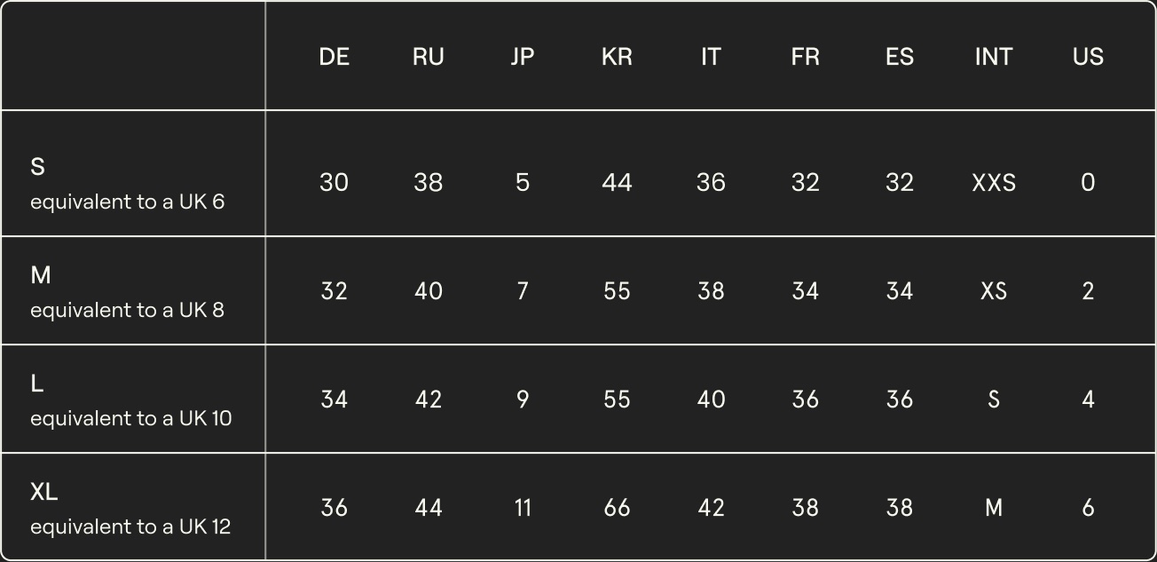 Size table